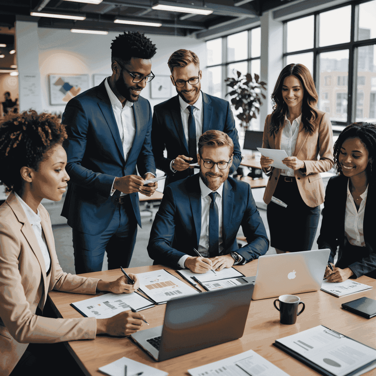 A diverse group of professionals in a modern office setting, collaborating on a project. The image showcases various job roles and industries, emphasizing teamwork and career growth.