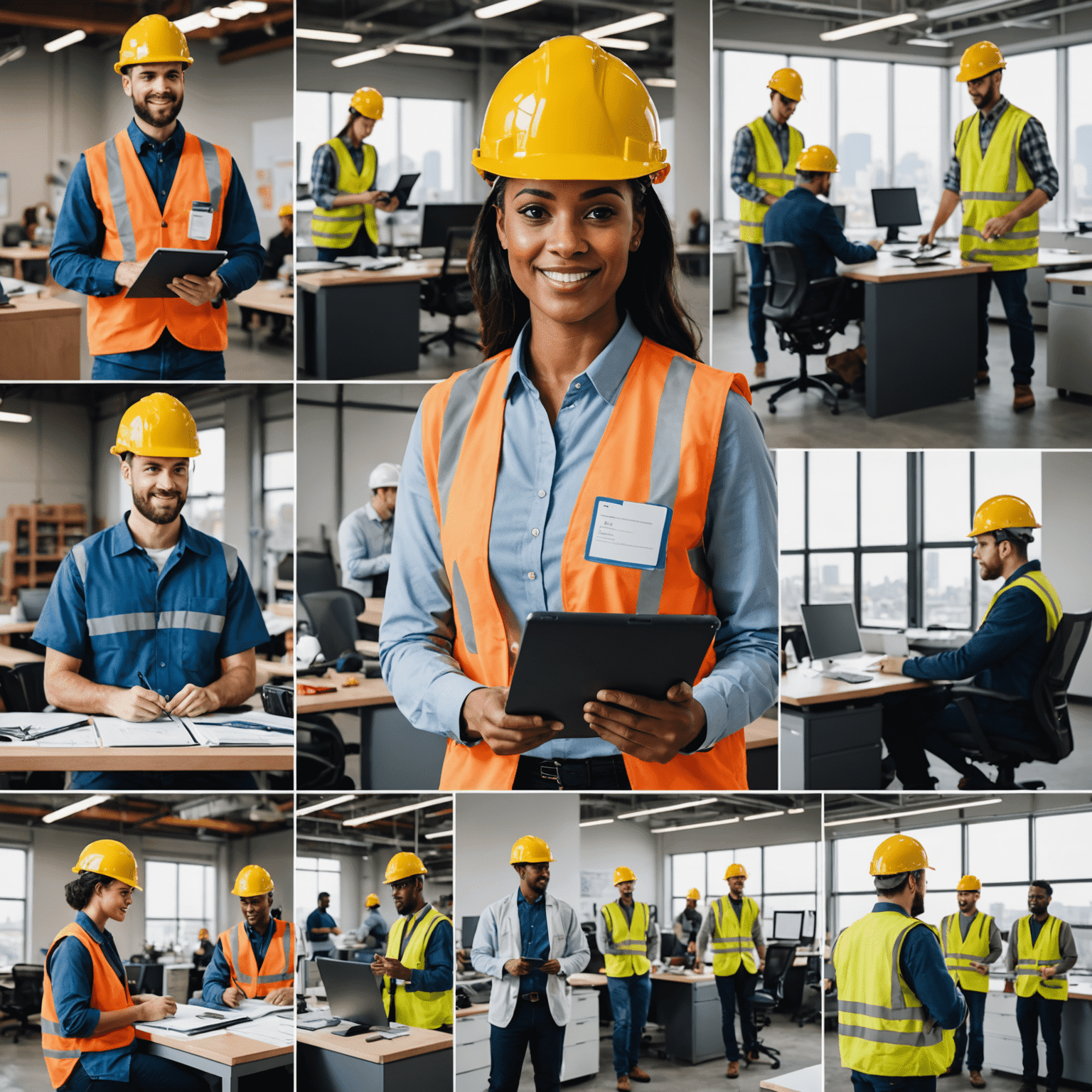 A montage of various workplace scenarios, showcasing different industries and job roles. The image includes people in office settings, construction sites, healthcare facilities, and tech startups, representing the diverse opportunities available through Affinity Recruitment.