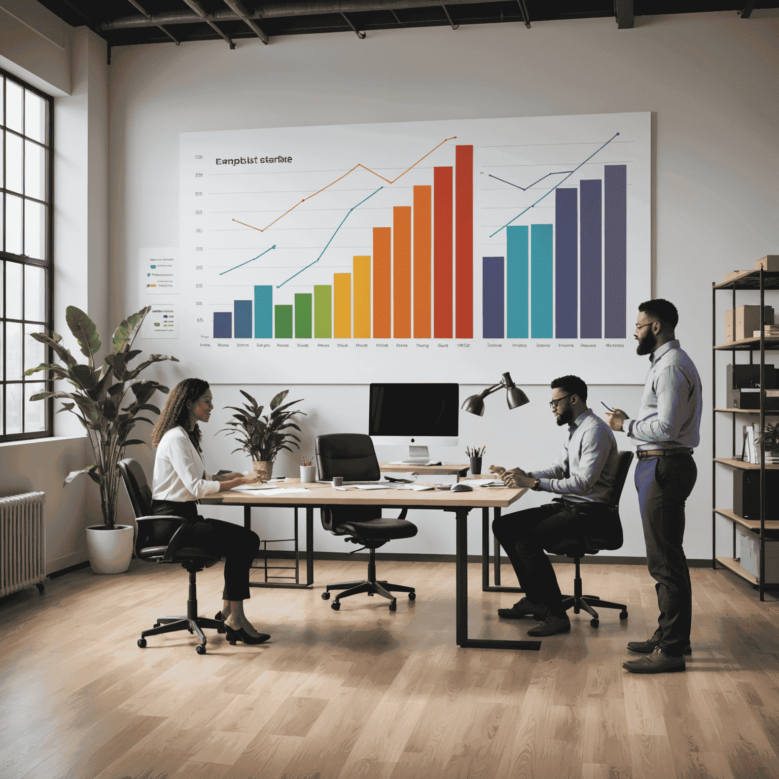 Graph showing rising employment rates, diverse professionals in a modern office setting, and data visualization of industry growth