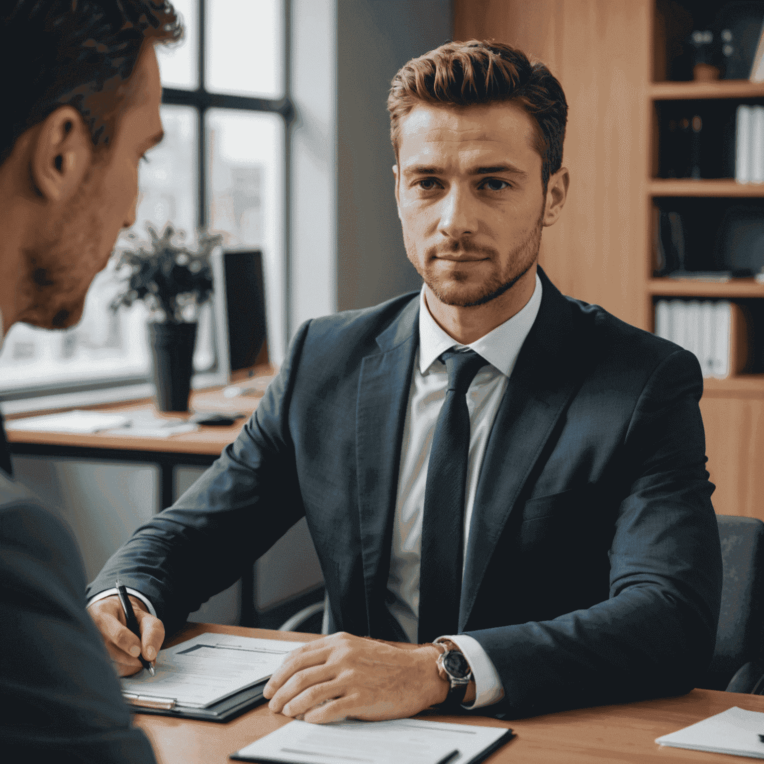 Professional dressed for an interview, split-screen showing preparation materials and a confident handshake