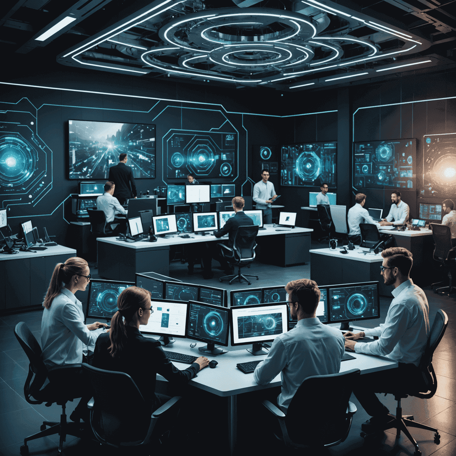 Montage of tech professionals working on cutting-edge projects, surrounded by futuristic UI elements and circuit patterns
